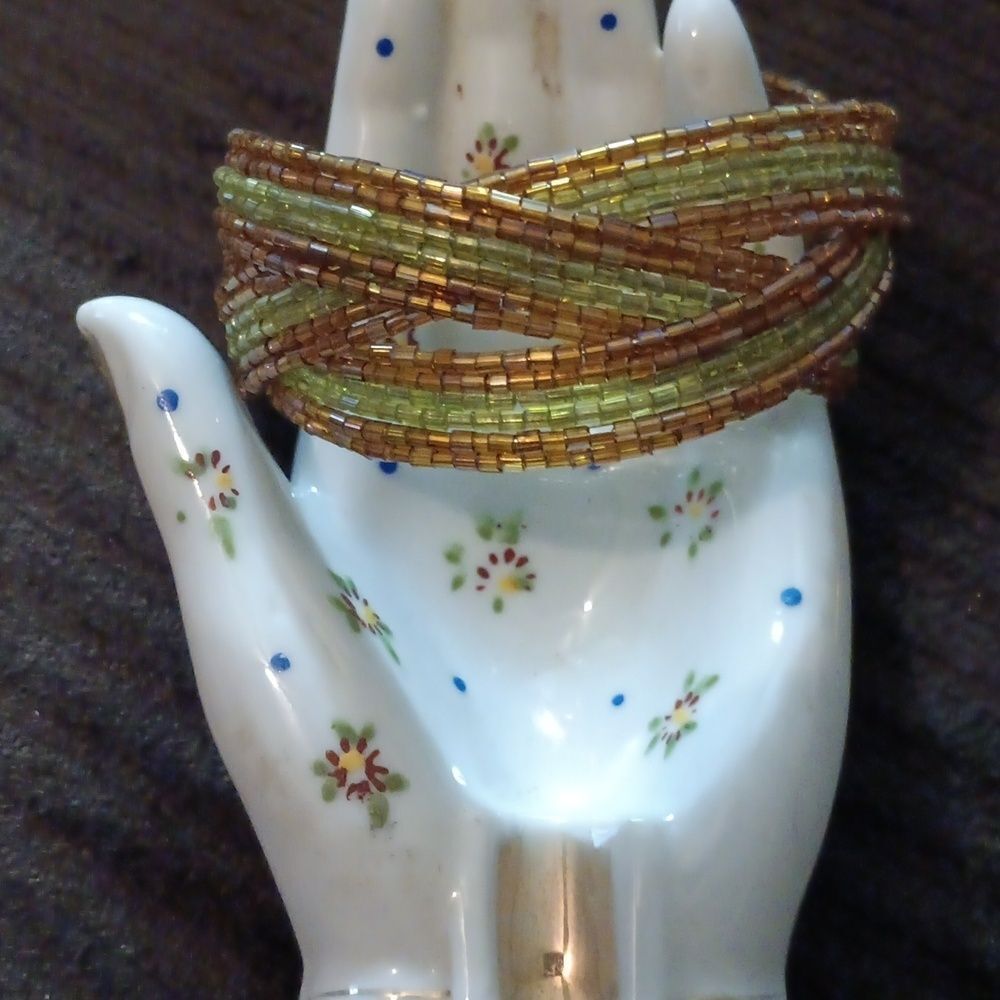 !!Vintage Silver Tone, Brown & Green Glass Beaded Memory Wire Wide Cuff Bracelet